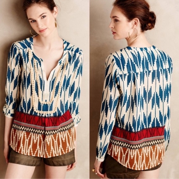 Anthropologie Tops - Maeve Anthropologie Ikat Rohana Aztec Popover Blouse Sz 2 Aztec Boho Relaxed Fit